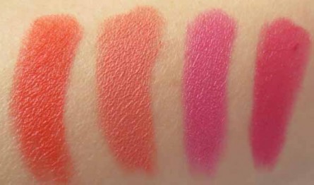 Rock Candy swatce, Naked swatch, Rebel swatch, Demure swatch, estee lauder pure color sheer matte lipstick