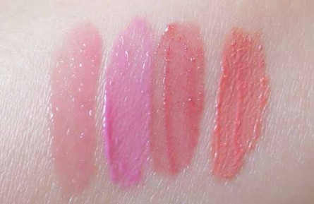 Paula's Choice Perfect Shine Lip Gloss Swatches, Rose Blush, Bubblegum, Strawberry Soda, Pink Lemonade