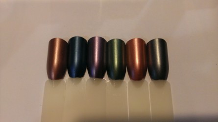 The Metallics Nail Lacquer Swatches:  Chocolate Foil, Midnight Metal, Chrome Violet, Metallic Green, Rose Gold, and Smoked Chrome