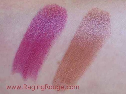 pure color vivid shine lipstick, estee lauder, mirrored orchid swatch, burnished bronze swatch