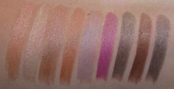 MAC Metallic Lips Swatches: In Lust, Pearly One, Modern Midas, Digging For Gold, Cold Frost, Foiled Rose, Metal Head, Act So Cool, and Nightly Ritual