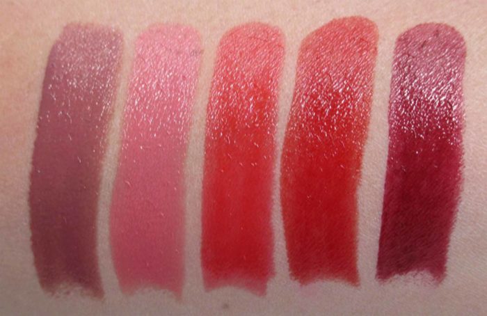 Maybelline Shine Compulsion Lipstick Swatches: 055 Taupe Seduction, 075 Undressed Pink, 085 Pink Fetish, 090 Scarlet Flame, and 130 Spicy Sangria