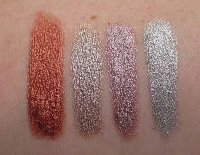 Essence Melted Chrome Eyeshadow Swatches: Copper Me, Ironic, Zinc About You, Lead Me